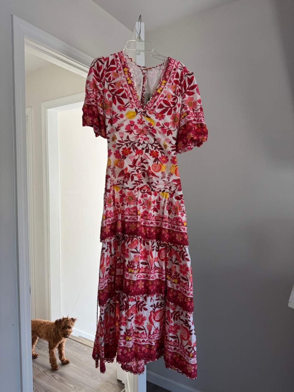Farm Rio Floral Tiered V-Neck Maxi Dress in Pink and Red